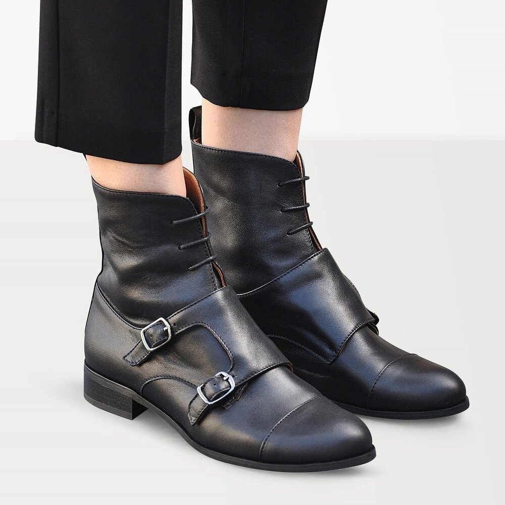 Black Leather Monk Strap Boots, Women's Ankle Boots Double Buckle Flap, EU 40